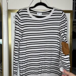 Marks & Spencer Black and White Striped Top with Brown Elbow Patch